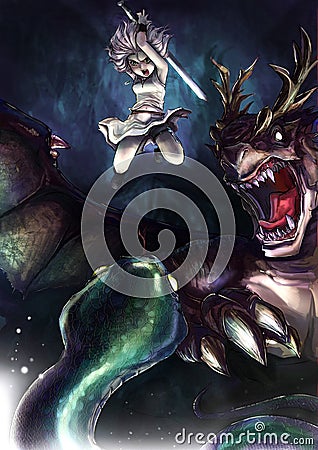 A warrior girl is fighting a giant serpent with her dragon Stock Photo