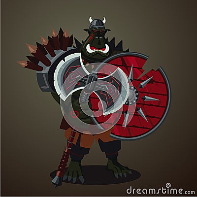 Warrior goblin. Big green angry orc with weapons. Game design character concept. Vector Illustration