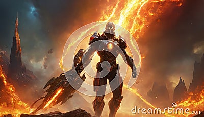 Warrior with Lava Armor in Hellish Landscape Stock Photo
