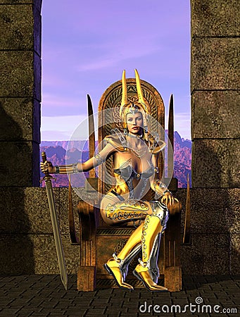 Warrior princess on the throne inside the castle, 3d illustration Cartoon Illustration