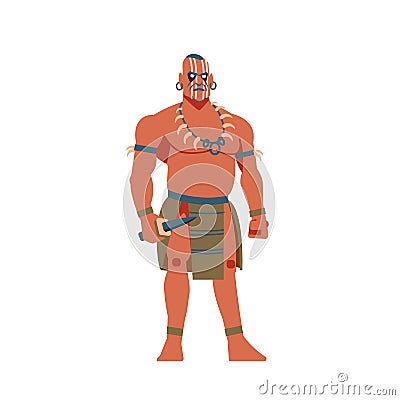 Warrior of South America, Mayan, Aztec or Inca. A strong aboriginal warrior with a knife Cartoon, flat vector Vector Illustration