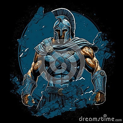 The Warrior Sparta In Black And Blue: A Comic Art Style In Dark Gray And Dark Bronze Stock Photo