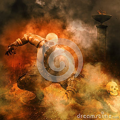 Warrior with torch and skull background Cartoon Illustration