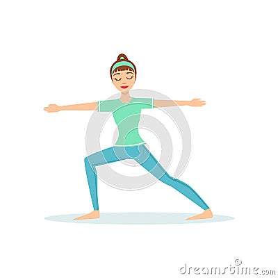 Warrior Two Virabhadrasana Yoga Pose Demonstrated By The Girl Cartoon Yogi With Ponytail In Blue Sportive Clothing Vector Illustration