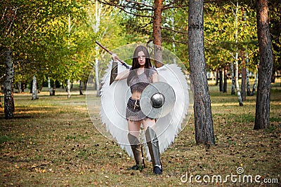 Warrior woman in chain mail with steel bracers and greaves and wings behind her back, holding a spear and a shield. Stock Photo