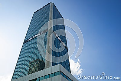 WARSAW - MAY 19: Marriott hotel view from the bottom in Warsaw downtown on May 19, 2019 in Warsaw, Poland. Wide view of the hotel Editorial Stock Photo