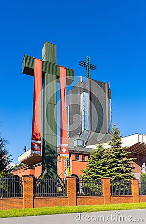 Facade of the St. Maximilian Colbe church - kosciol sw. Maksymiliana Kolbe - at ul. Rzymowskiego street in MokotÃ³w district of Editorial Stock Photo