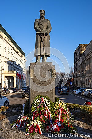 Warsaw, Mazovia, Poland - Marshall Jozef Pilsudski at the Pilsudski Square in the historic quarter of Warsaw Editorial Stock Photo