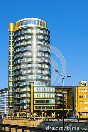 Warsaw, Mazovia, Poland - Zebra Tower office building in Warsaw central district at Jazdy Polskiej roundabout Editorial Stock Photo