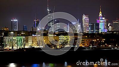 Warsaw panorama at night with clear sky Editorial Stock Photo