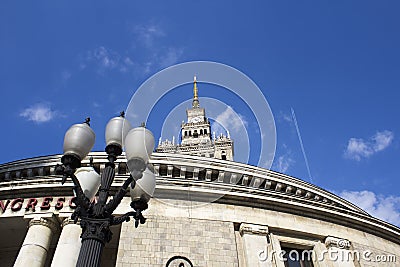 Warsaw, Poland. Aerial view Palace of Culture and Science and downtown business skyscrapers, city center. Stock Photo