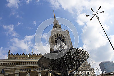 Warsaw, Poland. Aerial view Palace of Culture and Science and downtown business skyscrapers, city center. Stock Photo