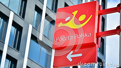 Sign Poczta Polska. Company signboard Poczta Polska. Editorial Stock Photo