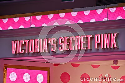 Sign Victoria`s Secret Pink. Company signboard Victoria`s Secret Pink. Editorial Stock Photo