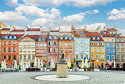 Warsaw, Poland - August 7th, 2021: Statue of the mermaid - official symbol of Warsaw city located in the centre of the Old Town Editorial Stock Photo