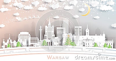 Warsaw Poland City Skyline in Paper Cut Style with Snowflakes, Moon and Neon Garland Stock Photo