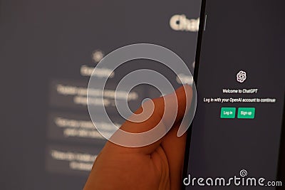 ChatGPT login screen seen on smartphone screen. OpenAI chat bot Editorial Stock Photo
