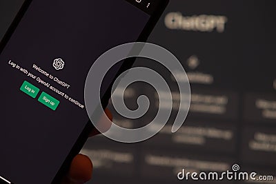 ChatGPT login screen seen on smartphone screen. OpenAI chat bot Editorial Stock Photo