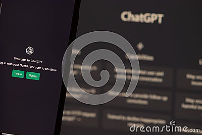 ChatGPT login screen seen on smartphone screen. OpenAI chat bot Editorial Stock Photo