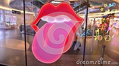 Warsaw, Poland. 10 February 2023. The interior of the Golden Terraces shopping center. Decorative neon lights Editorial Stock Photo