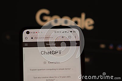 OpenAI ChatGPT vs Google concept. Chat bot GPT on smartphone and Google logo background Editorial Stock Photo