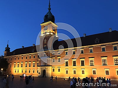 Warsaw, Poland July 2019 - The Royal Castle at night Editorial Stock Photo