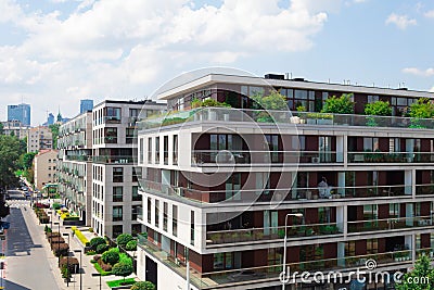 Warsaw, Poland - July 21, 2020: Landscape corner of the house and part of the street Editorial Stock Photo