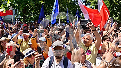 Warsaw, Poland. 4 June 2023. Hundreds of thousands march in anti-government protest to show support for democracy. Editorial Stock Photo