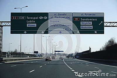 Information board on S2 expressway - view from driver's perspective Editorial Stock Photo