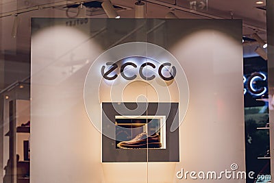 WARSAW. POLAND - MAY 21, 2023: Ecco brand retail shop logo signboard on the storefront in the shopping mall Editorial Stock Photo