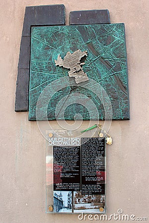 Memorial plaque dedicated to former Warsaw Jewish ghetto, Poland Editorial Stock Photo