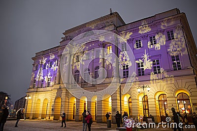 Warsaw, Poland. Nowy Swiat street. Palac Staszica festive Christmas illumination Editorial Stock Photo