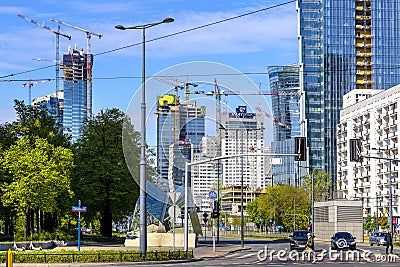 Warsaw, Poland - Panoramic view of rapidly developing modern Wola business district of Warsaw with Warsaw Spire, Generation Park Editorial Stock Photo