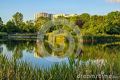 Warsaw, Poland - Panoramic view of the Szczesliwicki Park - one of the largest public parks in Warsaw - in the western part of the Editorial Stock Photo