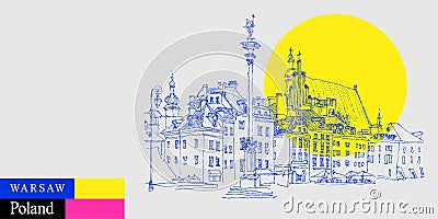 Vector Warsaw, Poland postcard. Castle Square in old center. Historic buildings. Artistic travel sketch in bright vibrant colors. Cartoon Illustration