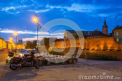 Warsaw, Poland - September 5, 2018: Architecture of the Royal Castle square in Warsaw city at night, Poland. Warsaw is the capital Editorial Stock Photo
