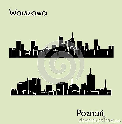 Warsaw, Poznan, 2 city silhouette in Poland Vector Illustration