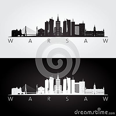 Warsaw skyline and landmarks silhouette Vector Illustration