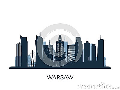 Warsaw skyline, monochrome silhouette. Vector Illustration