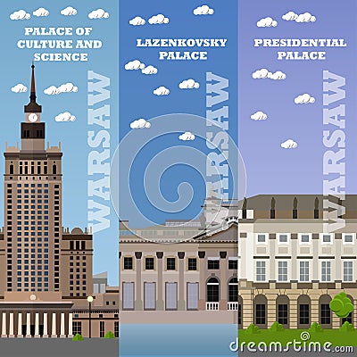 Warsaw tourist landmark banners. Vector illustration with Poland famous buildings. Vector Illustration