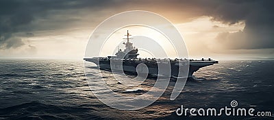 A warship, an aircraft carrier carrying warplanes on the high seas. A military air force. Generative AI Stock Photo