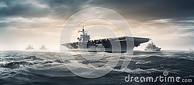 A warship, an aircraft carrier carrying warplanes on the high seas. A military air force. Generative AI Stock Photo