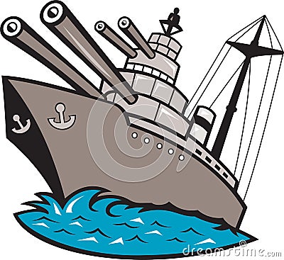 Warship Battleship Boat With Big Guns Vector Illustration