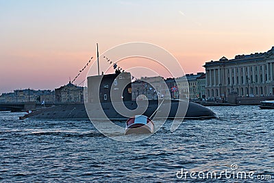 St. Petersburg, Russia, July 29, 2018. Submarine `Dmitrov` at the parade in honor of the Navy on the Neva River. Editorial Stock Photo