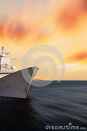 Warship at sea with speed blurred background. Abstract motion, blurred sea with sunset sky Stock Photo