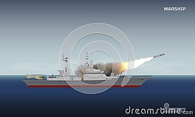 Warship shooting a rocket. Military ship and a missile on sea background. News image about the armed conflict Vector Illustration