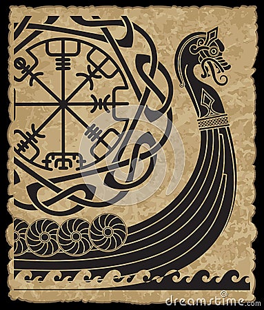 Warship of the Vikings. Drakkar, ancient scandinavian pattern and norse runes Vector Illustration