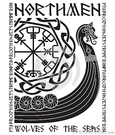 Warship of the Vikings. Drakkar, ancient scandinavian pattern and norse runes Vector Illustration