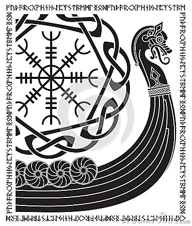 Warship of the Vikings. Drakkar, ancient scandinavian pattern and norse runes Vector Illustration