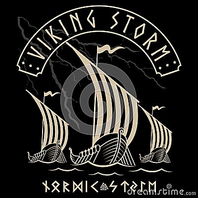 Warship of the Vikings. Drakkar, Viking design, ancient scandinavian ship and norse runes Vector Illustration